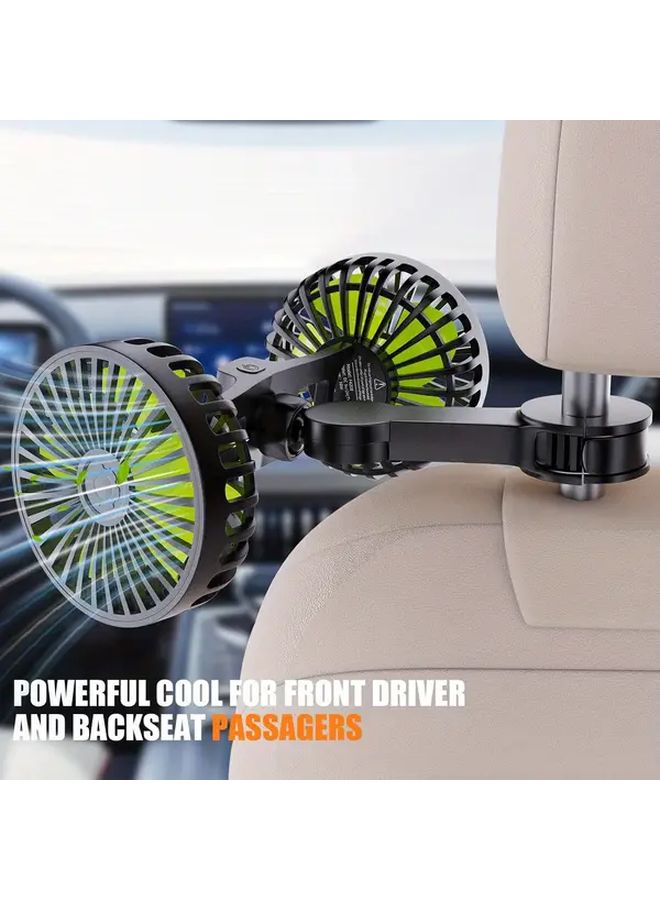 Dual Head USB Car Cooling Fan For Backseat 360 Degree Rotatable 3 Speeds Black - Image 2